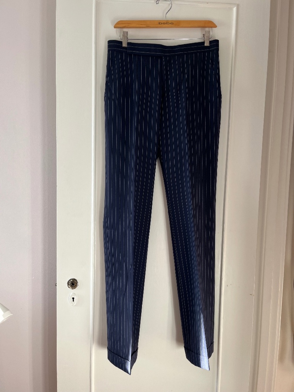 Ralph Lauren Navy Blue and White Pencil Stripe Wide Leg Trousers, size 6